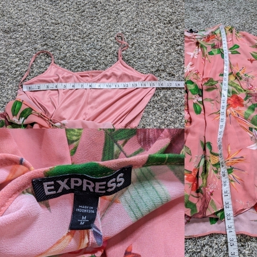 ✨3/$15 Express pink floral tie neck mini dress long blouse M - Picture 6 of 9